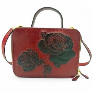 PIJUSHI Red Leather Box Crossbody Bag – Embossed Rose – Gold Hardware